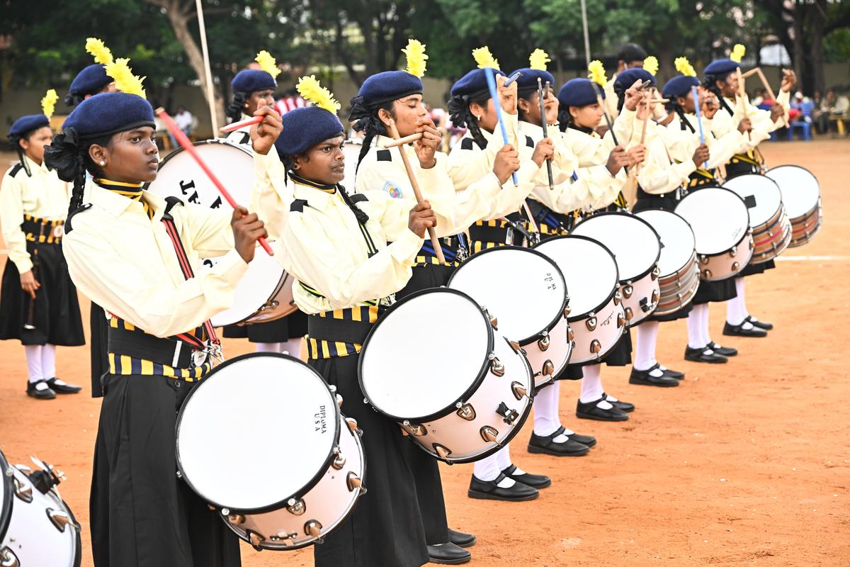 Students of Dr BR Ambedkar Gurukulam, Jangareddygudem take part in State Level School Band Competitions organised  in Vijayawada on Tuesday. 