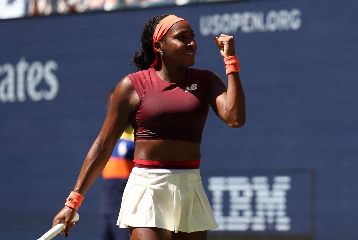 U.S.’ Coco Gauff celebrates winning her third round match against Poland’s Magdalena Frech.