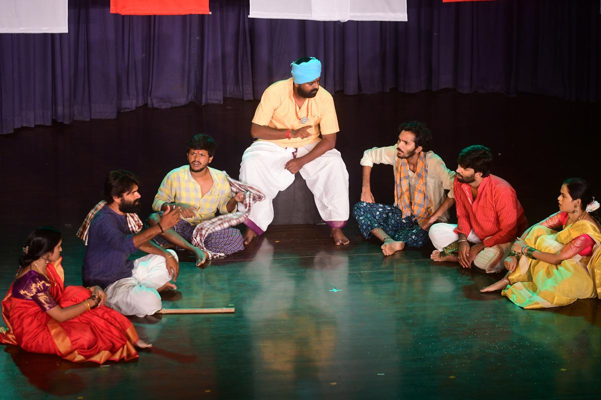 From the Telugu  play  “Bhootha Gaanam”  staged at Bharatiya Vidya Bhavan’s Multi-Lingual Theatre Festival , on July 15, 2023 .