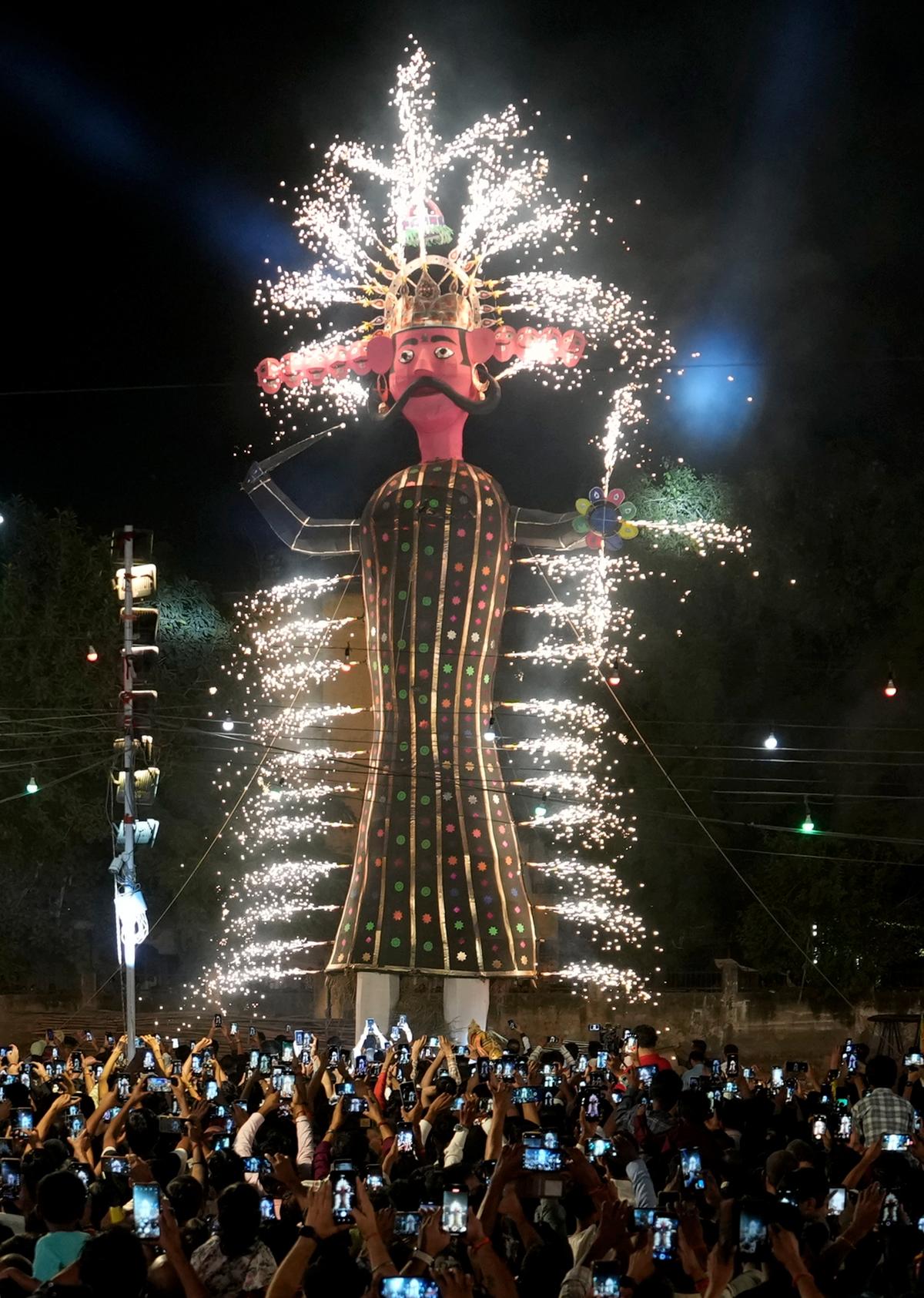 An effigy of Ravana lights up.