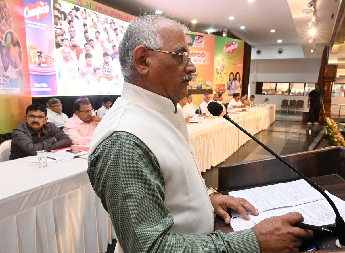 A. Kishore Kumar Kodgi, president, CAMPCO, speaking at the annual general meeting of the cooperative in Mangaluru on Saturday.