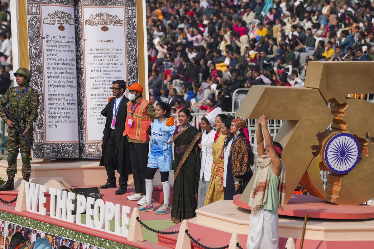 A tableau celebrating 75 years of Constitution of India on display. A tableau celebrating 75 years of Constitution of India on display.