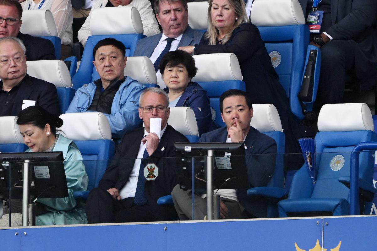 Jon Rudkin, Director of Football looks on with Aiyawatt Raksriaksorn, owner of Leicester City in the stands during the Premier League match between Leicester City and West Ham United at The King Power Stadium on May 28, 2023 in Leicester, England