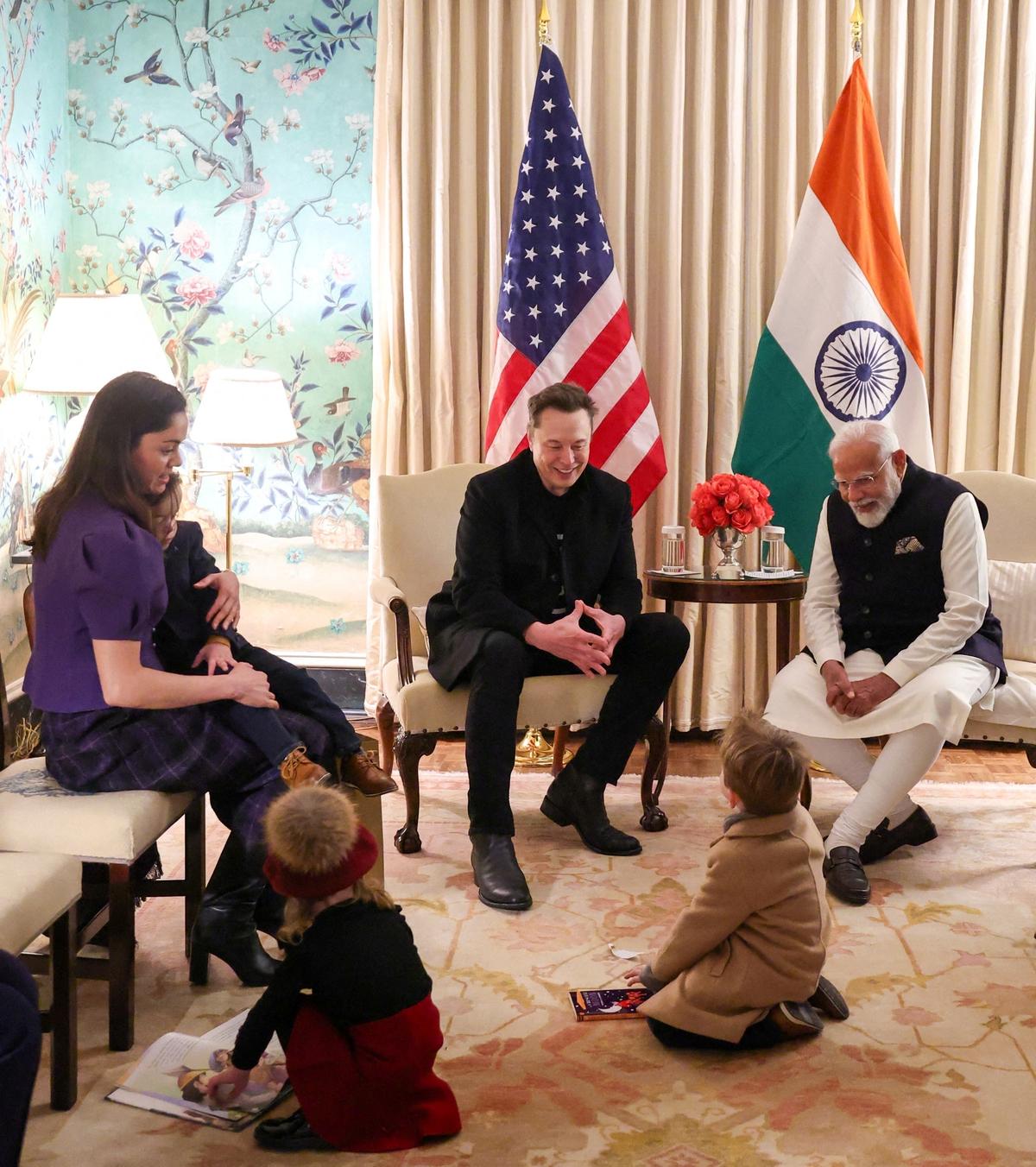 Elon Musk and his family meet Prime Minister Narendra Modi, in Washington, D.C., U.S., on February 13, 2025. 