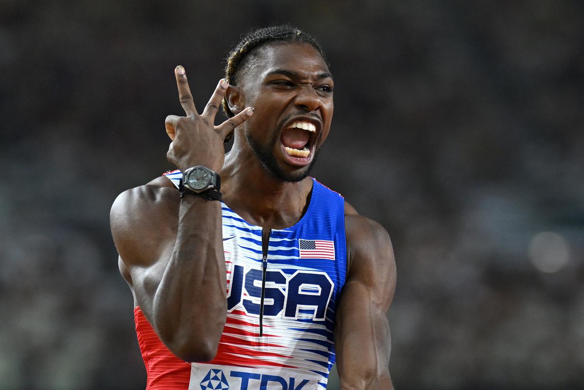 Gold medallist Noah Lyles of the U.S. at the World Athletics Championships in Budapest.
