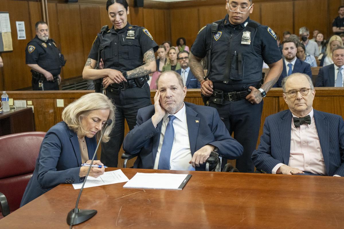 Harvey Weinstein appears at Manhattan criminal court for a preliminary hearing on Wednesday, May 1, 2024 in New York. Weinstein made first appearance since his 2020 rape conviction was overturned by an appeals court last week.