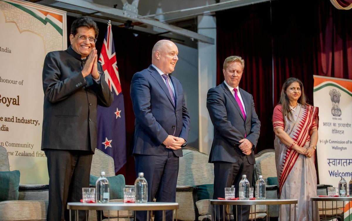 Commerce Minister Piyush Goyal (left) along with New Zealand Prime Minister Chris Luxon (centre) and Trade Minister Todd McClay during an event in Auckland, New Zealand on November 5, 2025. Photo: X/@PiyushGoyal Commerce Minister Piyush Goyal (left) along with New Zealand Prime Minister Chris Luxon (centre) and Trade Minister Todd McClay during an event in Auckland, New Zealand on November 5, 2025. Photo: X/@PiyushGoyal