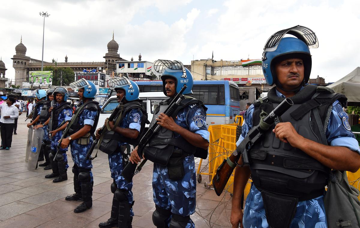 Rapid Action Force (RAF) personnel on alert in Hyderabad on Friday. 