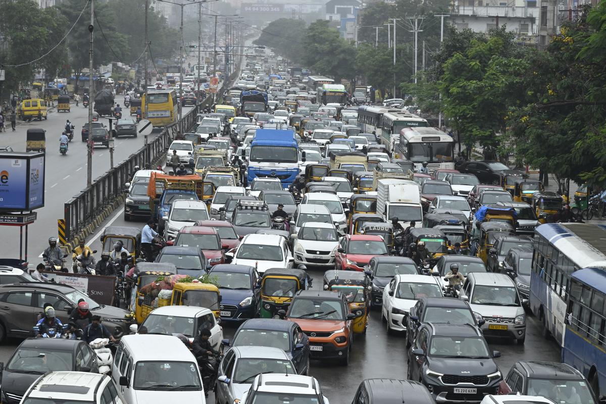 Traffic movement from Allwyn Junction toward Miyapur, in Hyderabad.