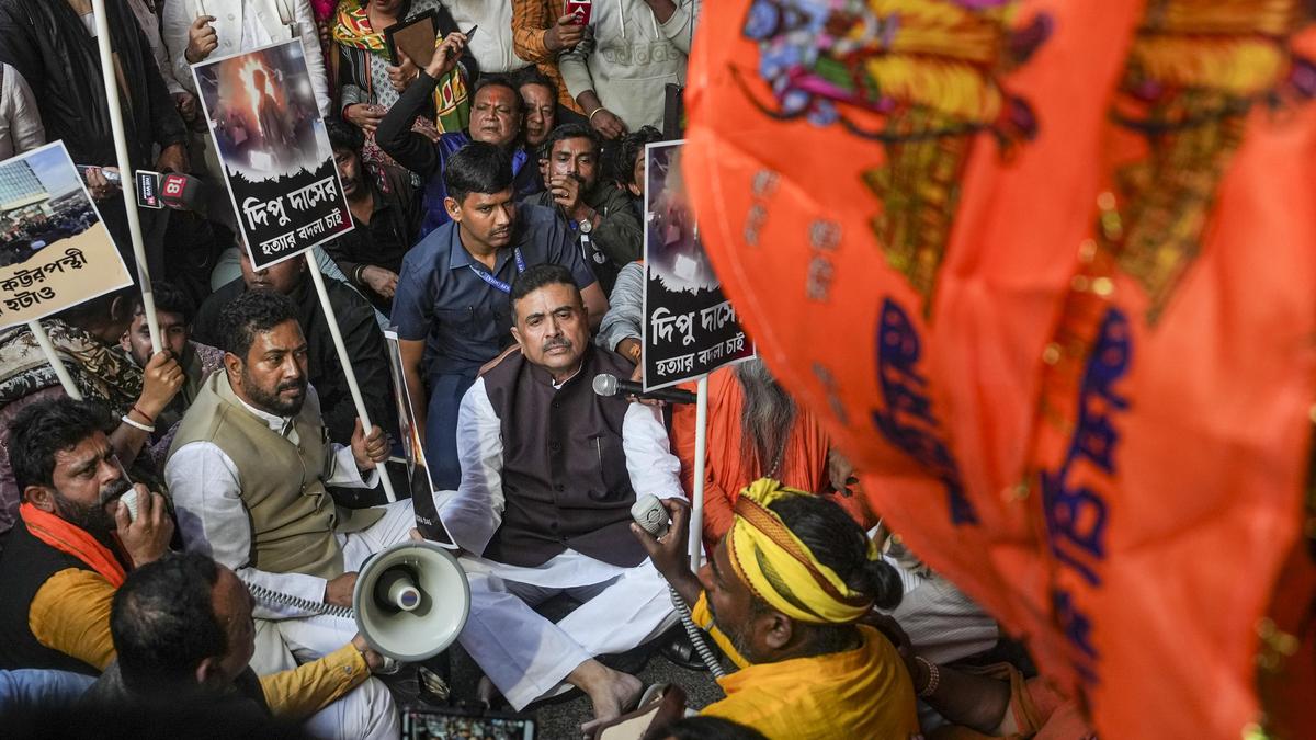Suvendu Adhikari leads protests outside Bangladesh Deputy High Commission in Kolkata against attack on Hindus
