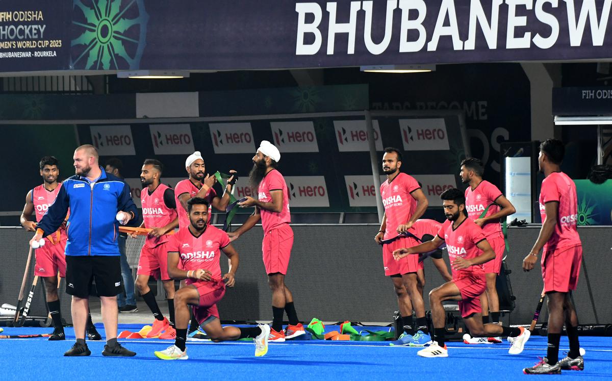The Indian hockey team during a training session ahead of their match against Wales in the FIH Men's Hockey World Cup 2023 match at the Kalinga Hockey Stadium in Bhubaneswar on January 18, 2023. 