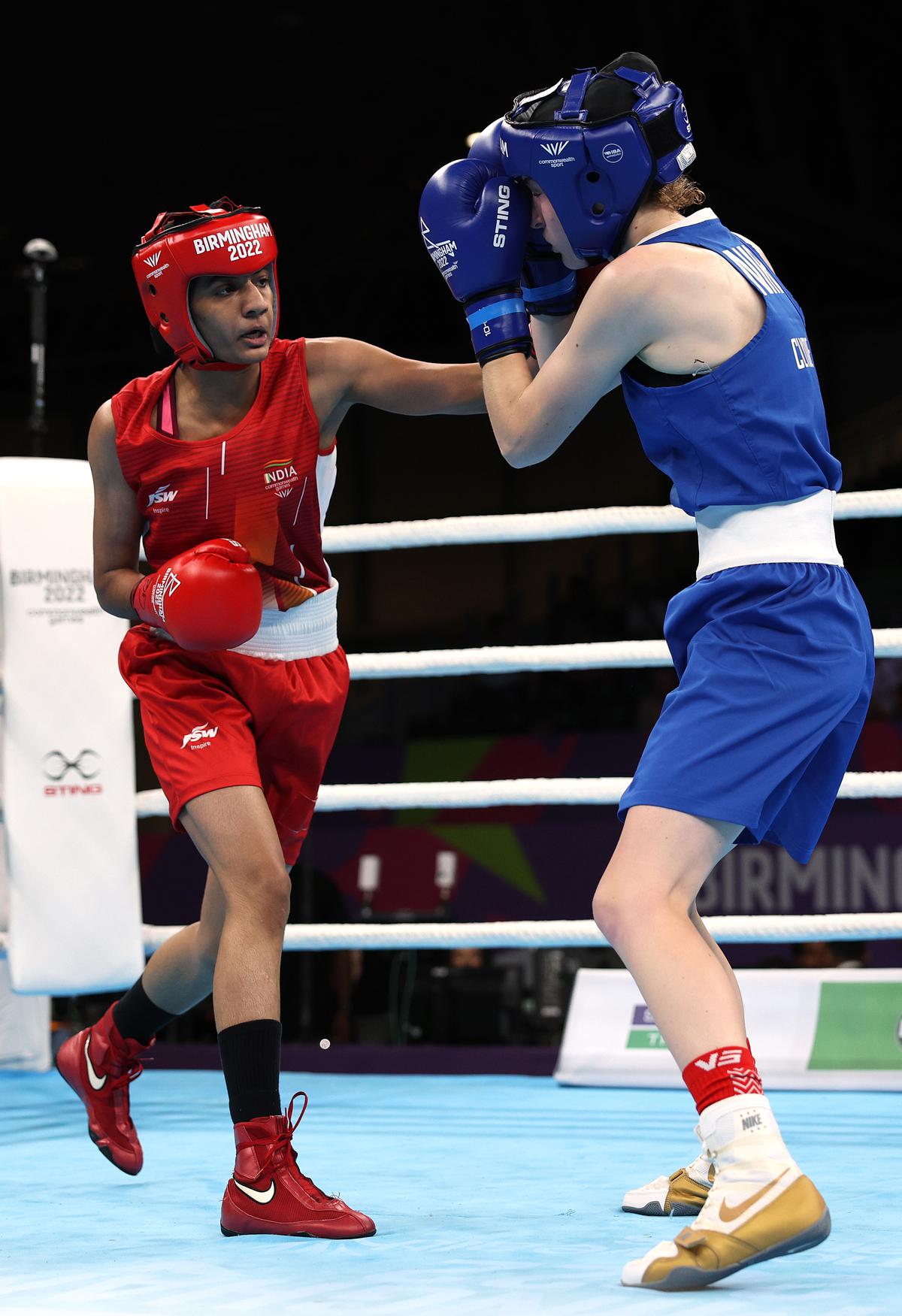 India’s Nitu Ghanghas competes against Nicole Clyde during the women’s boxing over 45kg-48kg Minimumweight quarterfinal on day six of the Birmingham 2022 Commonwealth Games at NEC Arena on August 03, 2022.