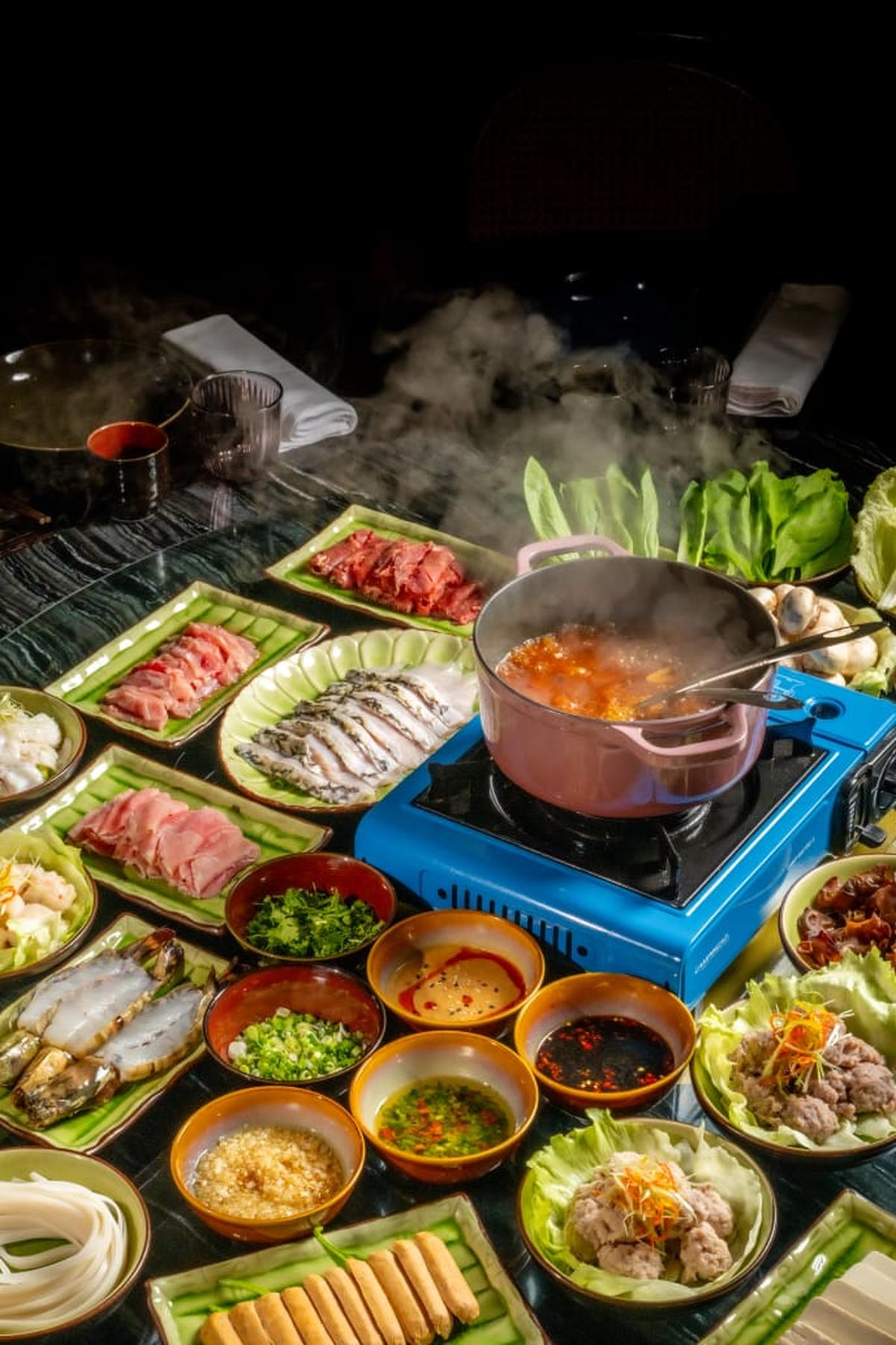 The ingredients used in hot pot with a red soup base