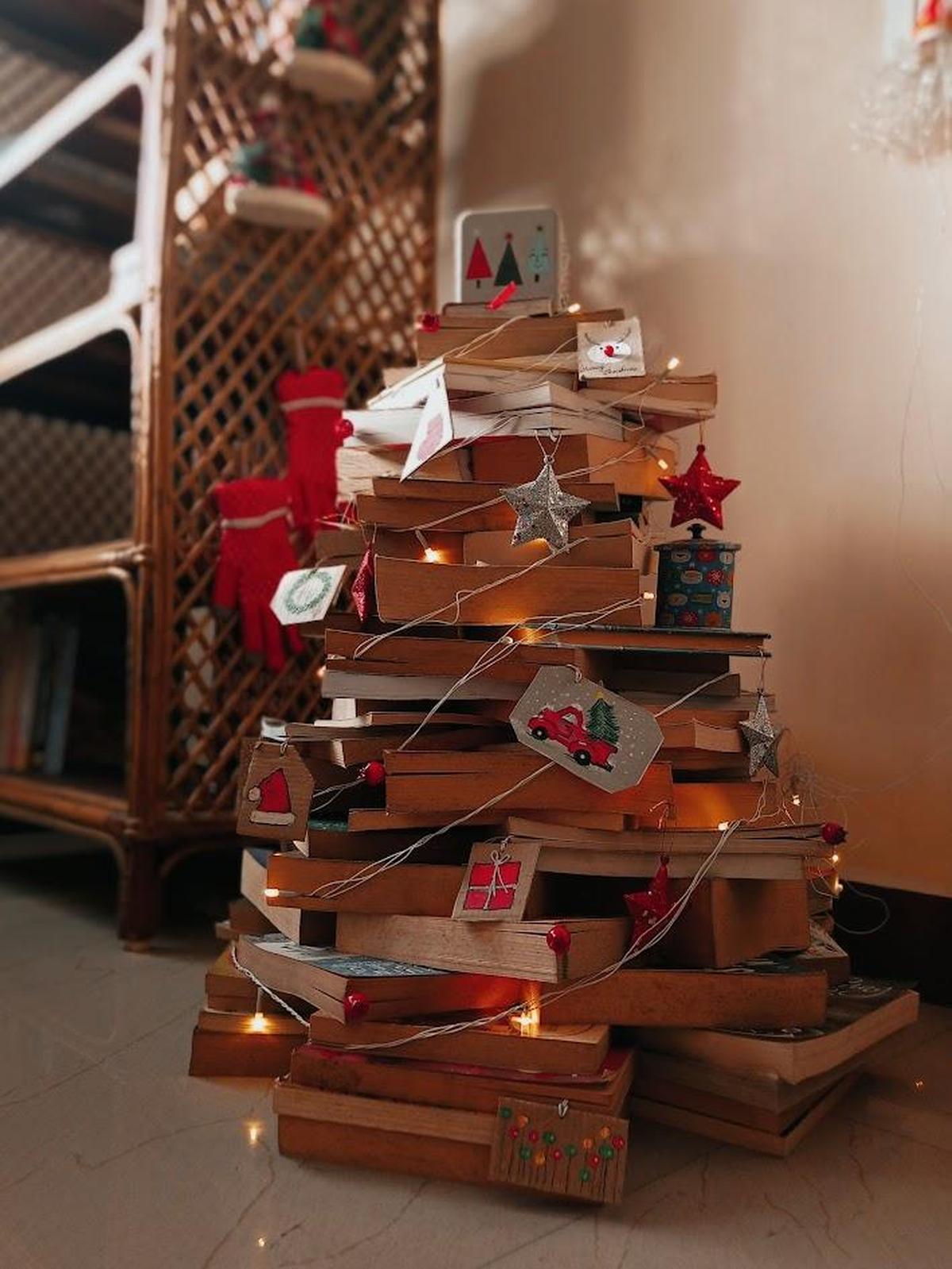 A Christmas tree made of books A Christmas tree made of books