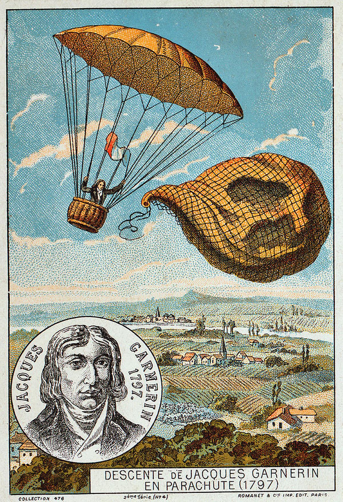 First real jump:
The first recorded parachute jump was made by André-Jacques Garnerin in 1797. He jumped from a hot-air balloon over Paris using a round canvas parachute, and landed safely! First real jump:
The first recorded parachute jump was made by André-Jacques Garnerin in 1797. He jumped from a hot-air balloon over Paris using a round canvas parachute, and landed safely!