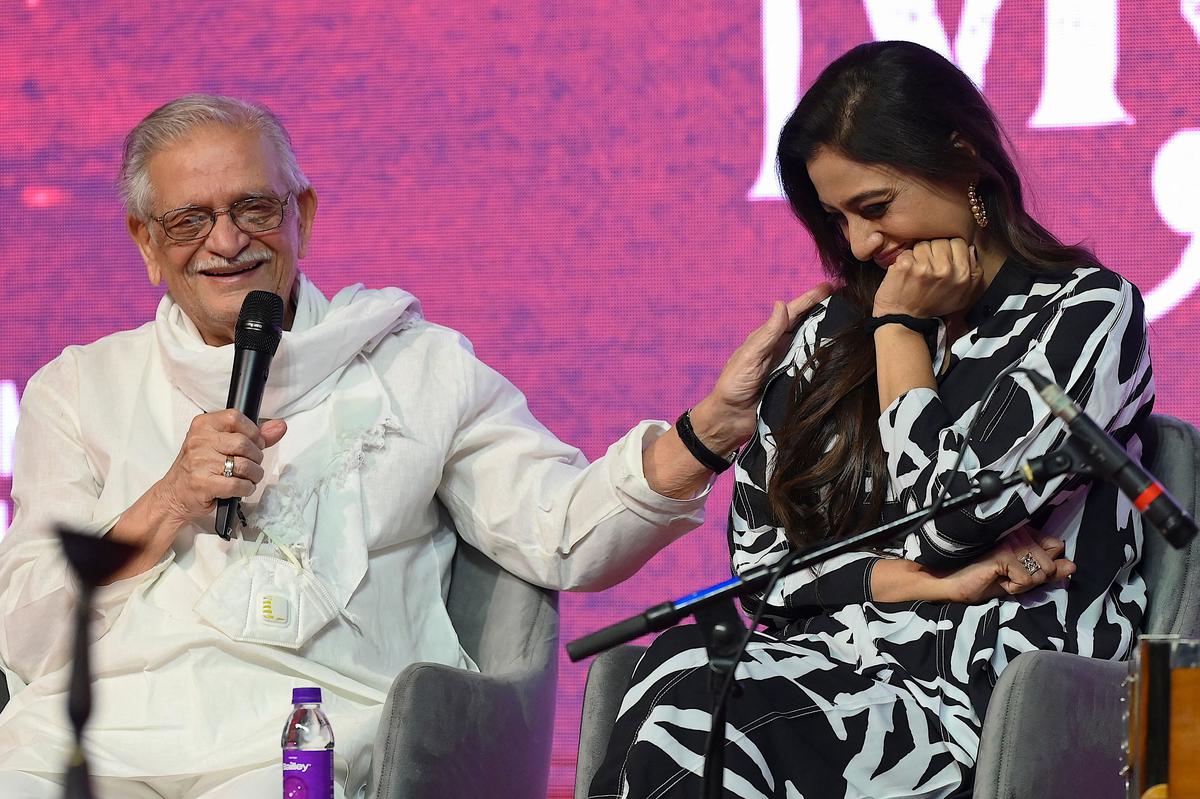 Gulzar (L) and actress Tabu attend a promotional event of their upcoming Indian Hindi-language action thriller film ‘Kuttey’ in Mumbai