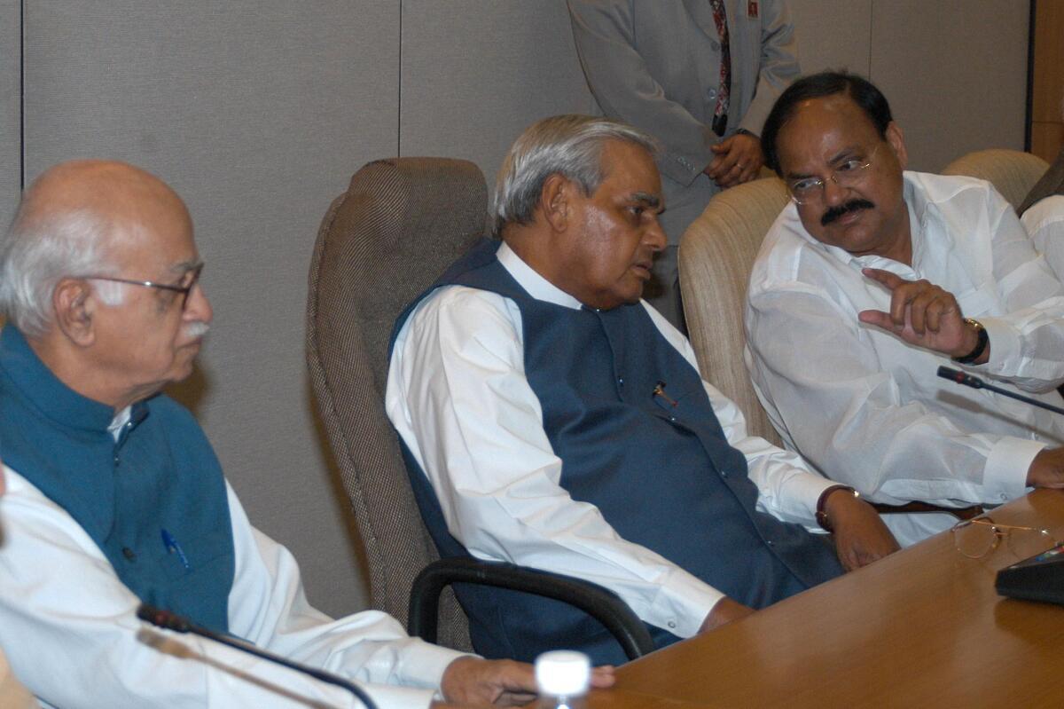 Them Prime Minister Atal Bihari Vajpayee flanked by the party president, M. Venkaiah Naidu and Deputy Prime Minister, L.K. Advani, at the party’s parliamentary party meeting in New Delhi on February 16, 2004 to discuss the Lok Sabha elections. Them Prime Minister Atal Bihari Vajpayee flanked by the party president, M. Venkaiah Naidu and Deputy Prime Minister, L.K. Advani, at the party’s parliamentary party meeting in New Delhi on February 16, 2004 to discuss the Lok Sabha elections.