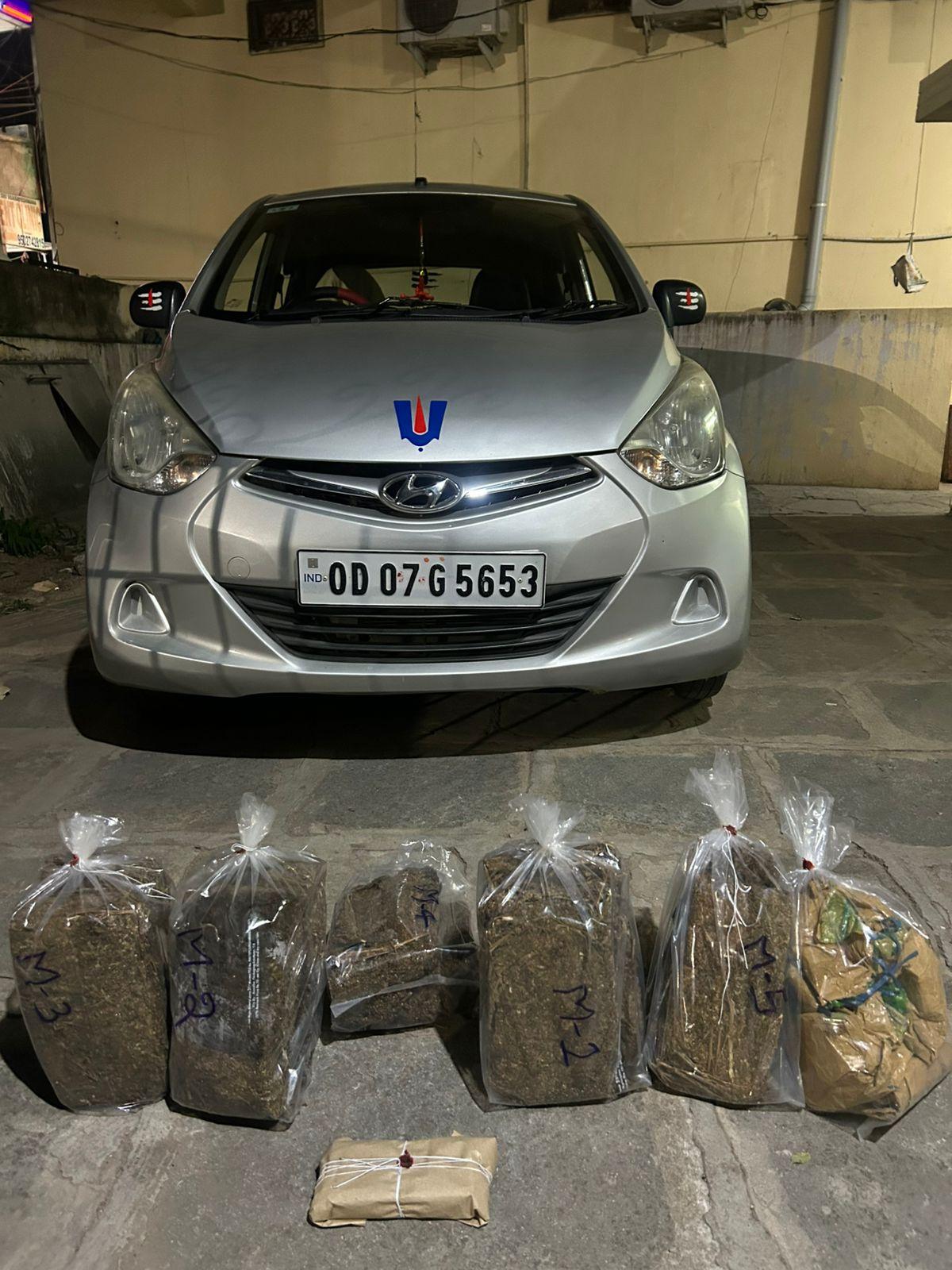 The seized car in Thorrur, Hayathnagar, which was  being used to transport 8 kilograms of ganja. 