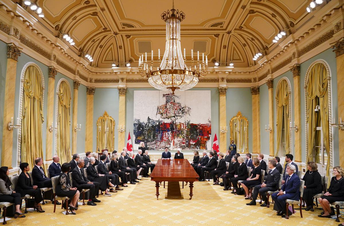 Canadian Prime Minister Justin Trudeau, Governor General Mary Simon and Cabinet members take part in a ceremony to proclaim the accession of the new Sovereign, King Charles III, at Rideau Hall, in Ottawa, Saturday, Sept. 10, 2022. 