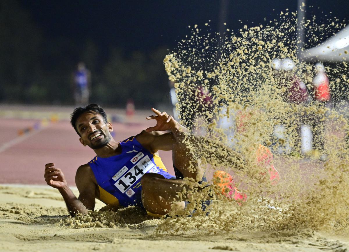 Kerala’s Abdulla Aboobacker winner of the men’s Triple Jump, during the 3rd Indian Open Jumps Competition 2024, at the Anju Bobby High Performance Centre, in Bengaluru on March 20, 2024. 