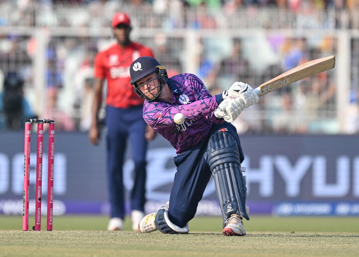 Scotland's George Richie Berrington plays a shot during the ICC Men's T20 World Cup 2026 cricket match against England, at the Eden Gardens, in Kolkata, Saturday, Feb. 14, 2026.