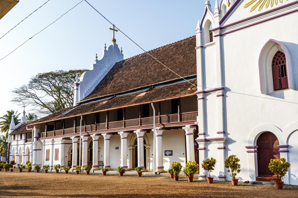 The facade of St. Thomas Church - the oldest church in India founded by Apostle Thomas in 52 AD - in Palayur, Thrissur district, Kerala.