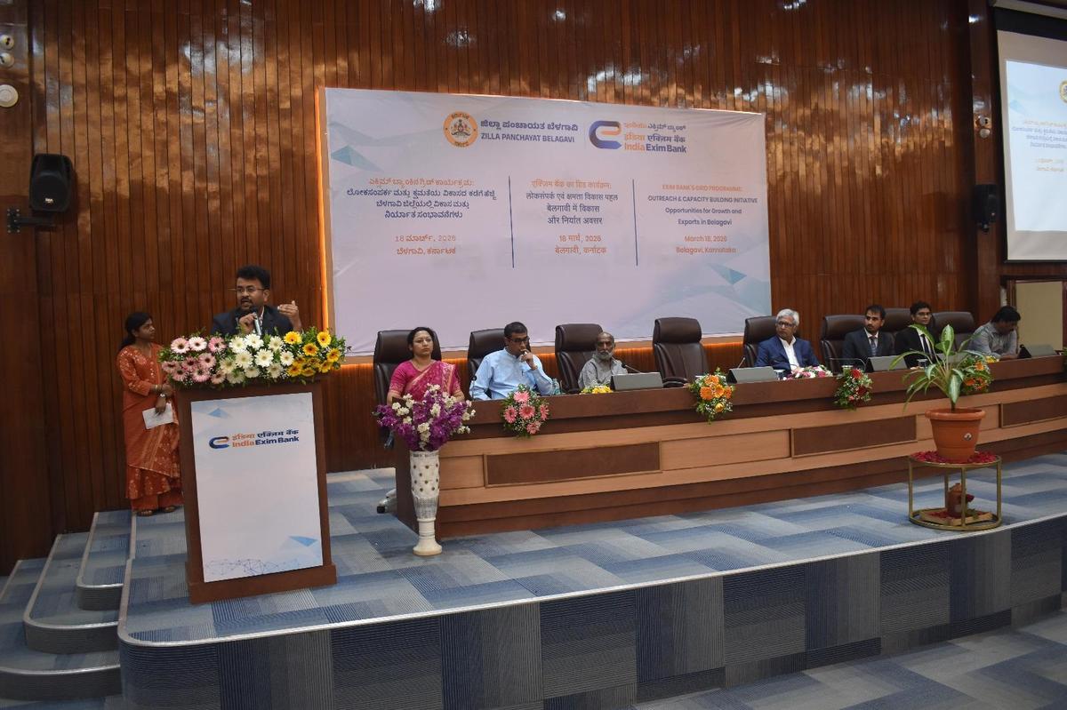 Rahul Shindhe, ZP CEO, speaks at EXIM Bank’s outreach programme at the Zilla Panchayat hall in Belagavi on March 18, 2026.