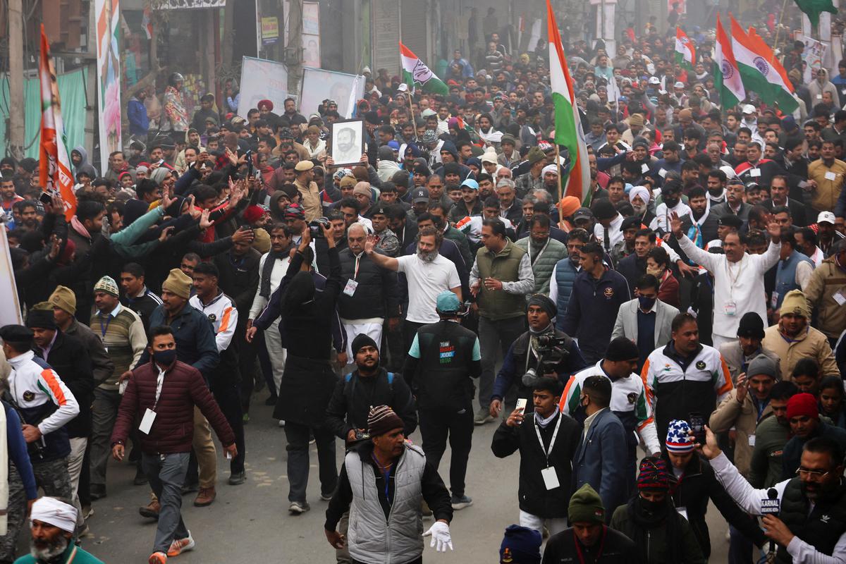 Rahul Gandhi and his supporters during the Bharat Jodo Yatra (Unite India March) in Panipat.