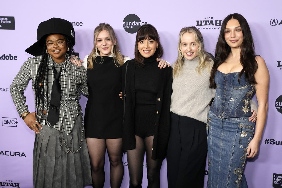 Kerrice Brooks, from left, Maisy Stella, Aubrey Plaza, Megan Park and Maddie Ziegler attend the premiere of ‘My Old Ass’ at the Eccles Theatre during the Sundance Film Festival