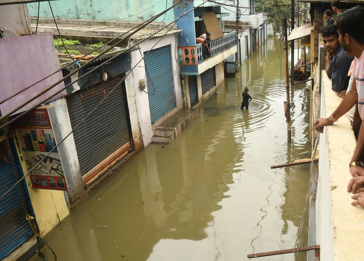 A street inundated by stormwater in Fathenagar area after heavy rain lashed Hyderabad on Tuesday.