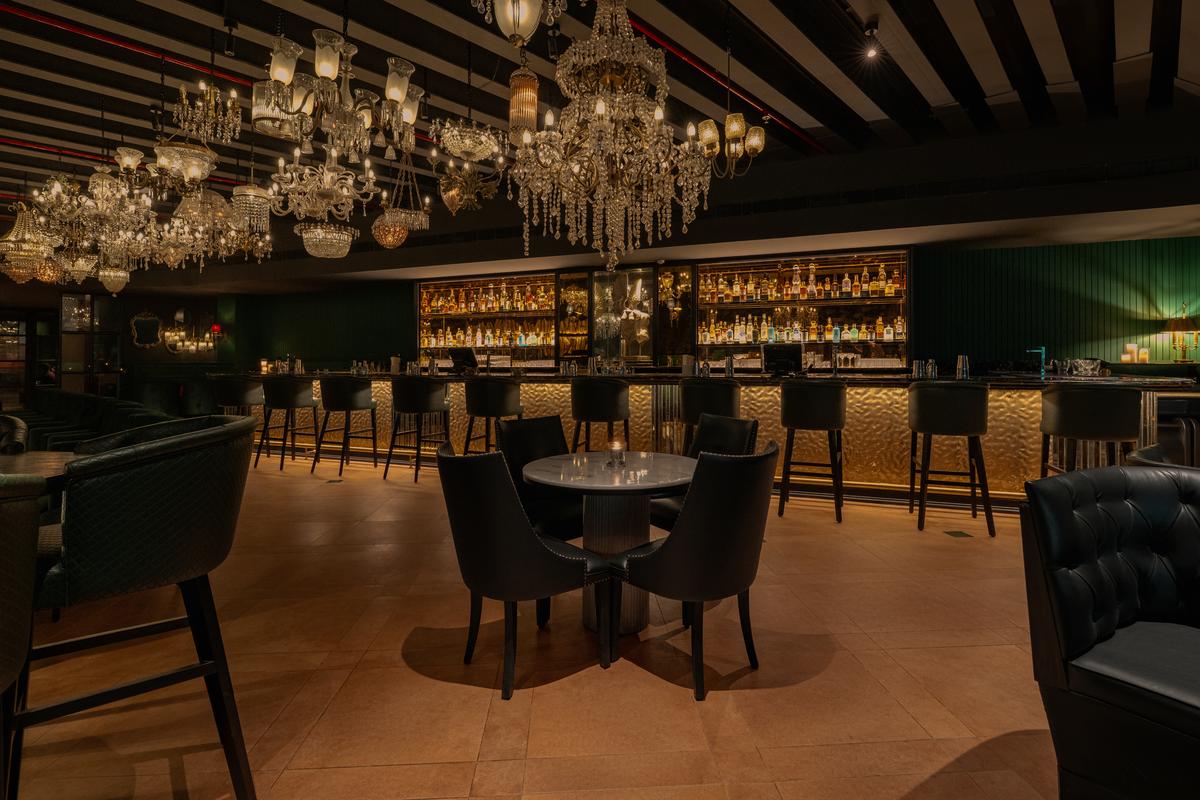 Black and gold dominate the space