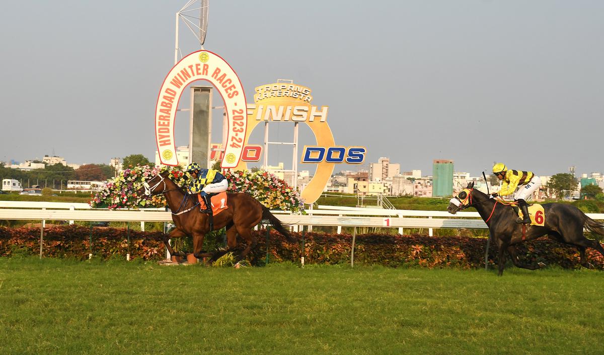 Jockey Suraj Narredu rides Champions Way past the finish line in the Golconda 2000 Guineas (Grade II), a classic race in Hyderabad on Sunday, December 10, 2023. 