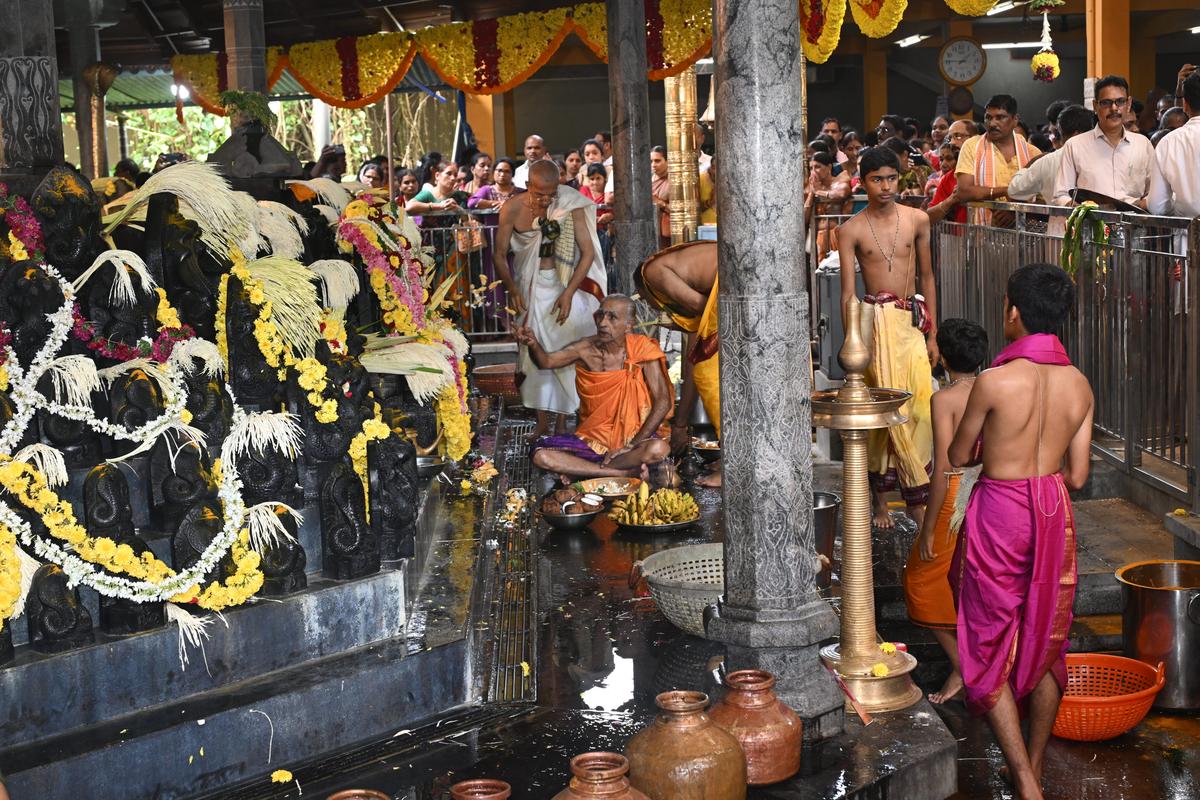 The priests performing puja to Naga Idols at Kudupu Ananthapadmanabha temple on the occasion of Nagara Panchami celebrations in Mangaluru on Tuesday.