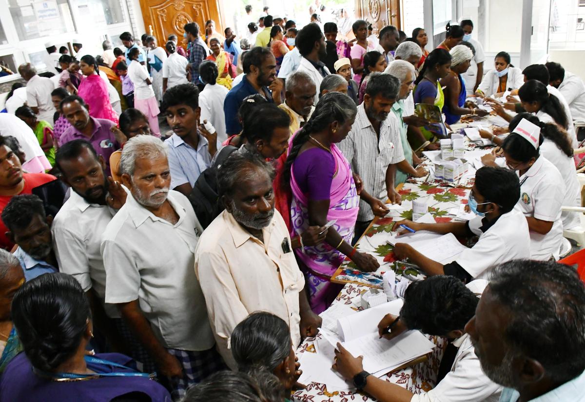 Patients wait at the OP at the Government Medical College Hospital in Dindigul