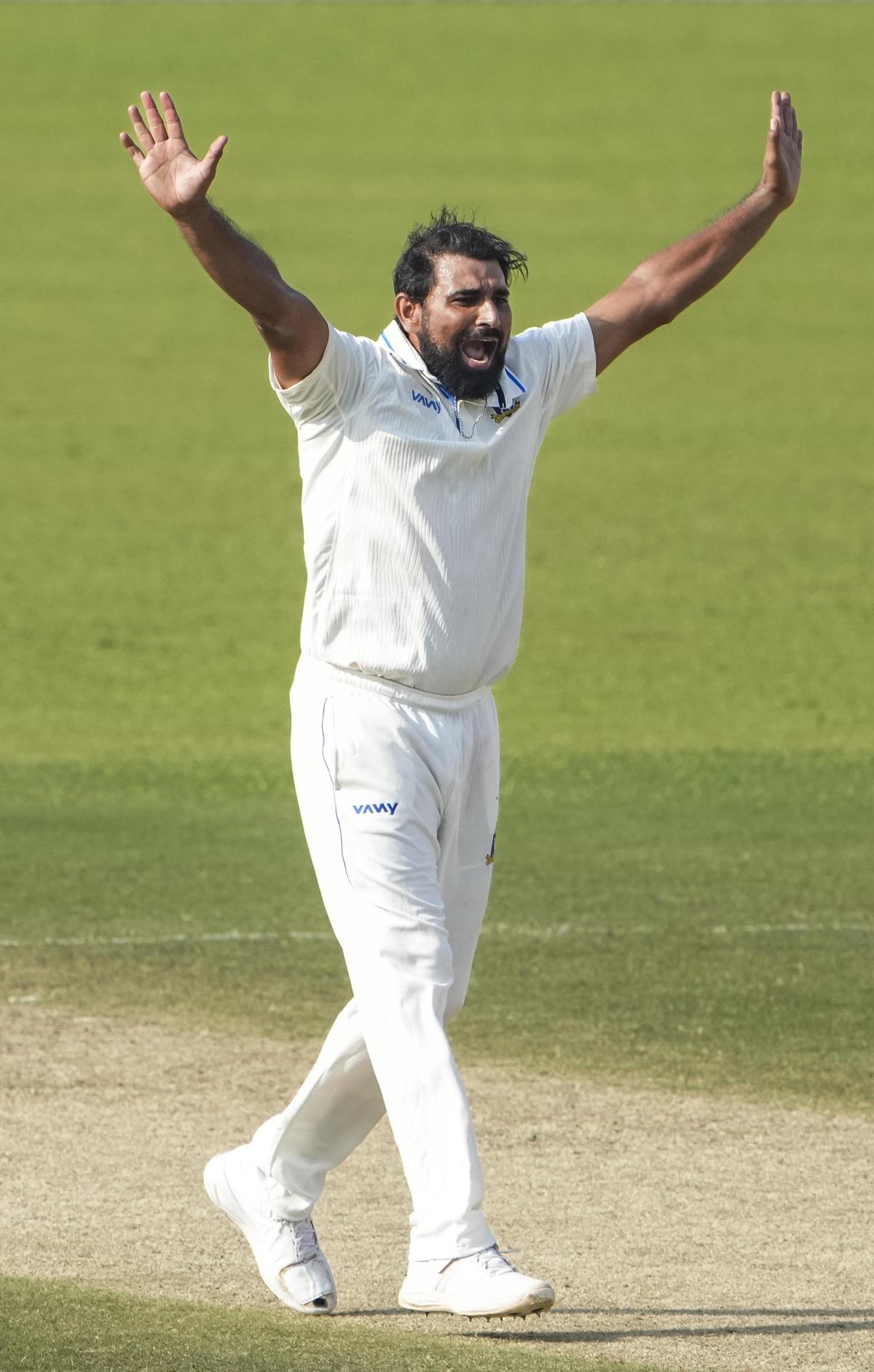 Bengal's Mohammed Shami appeals during the Ranji Trophy cricket match against Uttarakhand at the Eden Gardens in Kolkata.