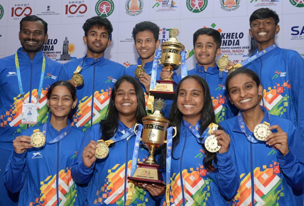 The Tamil Nadu boys’ and girls’ teams, which won the squash team titles in the Khelo India Youth Games in Chennai on Wednesday, January 24, 2024.