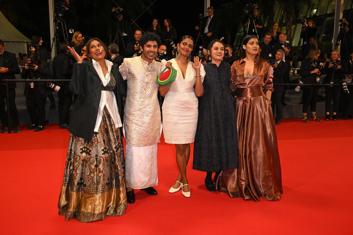 CANNES, FRANCE - MAY 23: (L-R) Chhaya Kadam, Hridhu Haroon, Kani Kusruti, Payal Kapadia and Divya Prabha attend the 'All We Imagine As Light' Red Carpet at the 77th annual Cannes Film Festival at Palais des Festivals on May 23, 2024 in Cannes, France. (Photo by Kristy Sparow/Getty Images)