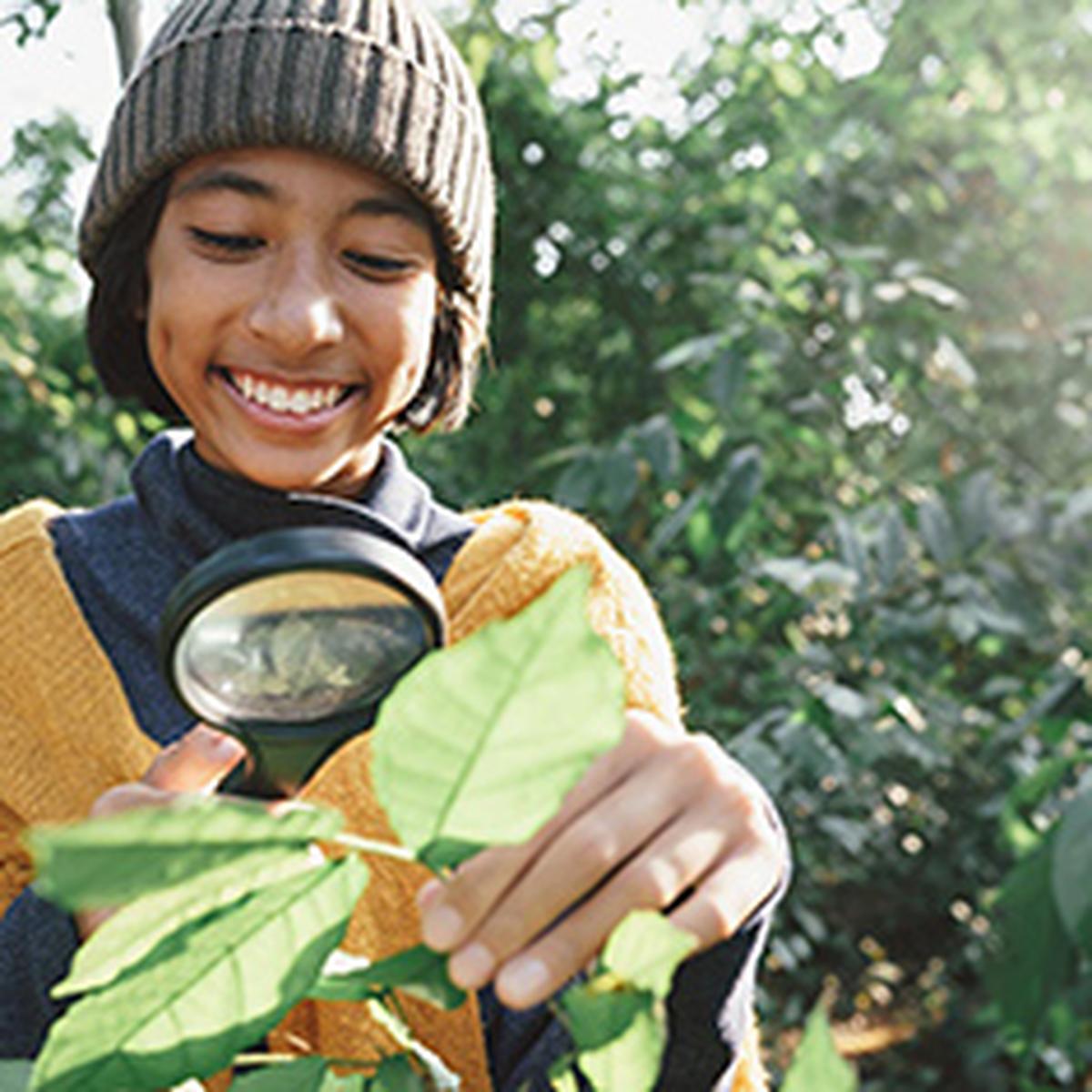 A girl exploring nature with magnifying glass. A girl exploring nature with magnifying glass.