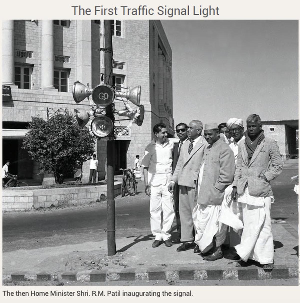 The then Home Minister R.M. Patil inaugurating the city’s first traffic signal at N.R. Square in 1964.