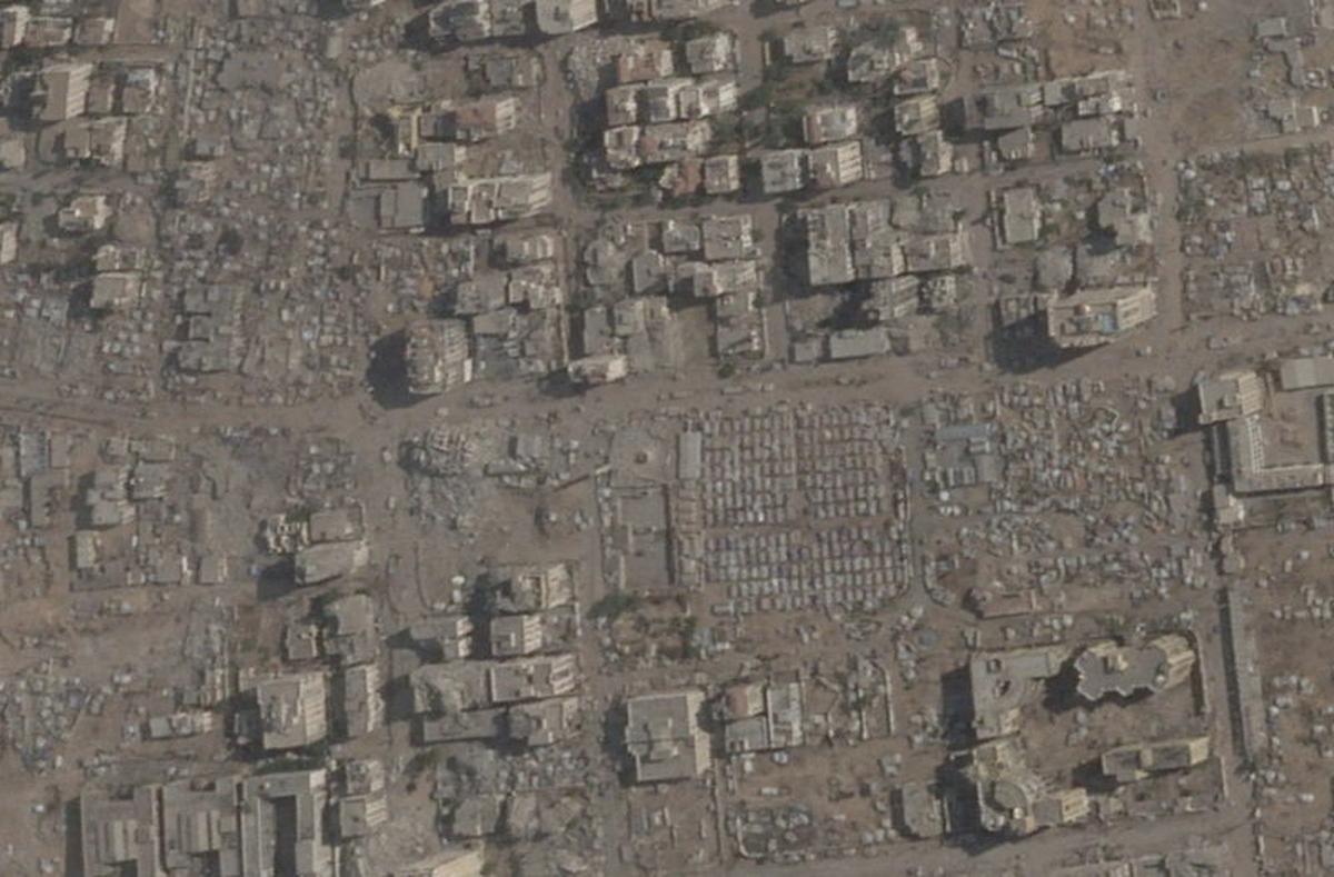 A satellite image shows a wider area view of the remains of the 15-storey Mushtaha Tower, after it was destroyed in an Israeli air strike, in Gaza City on September 16, 2025. 
