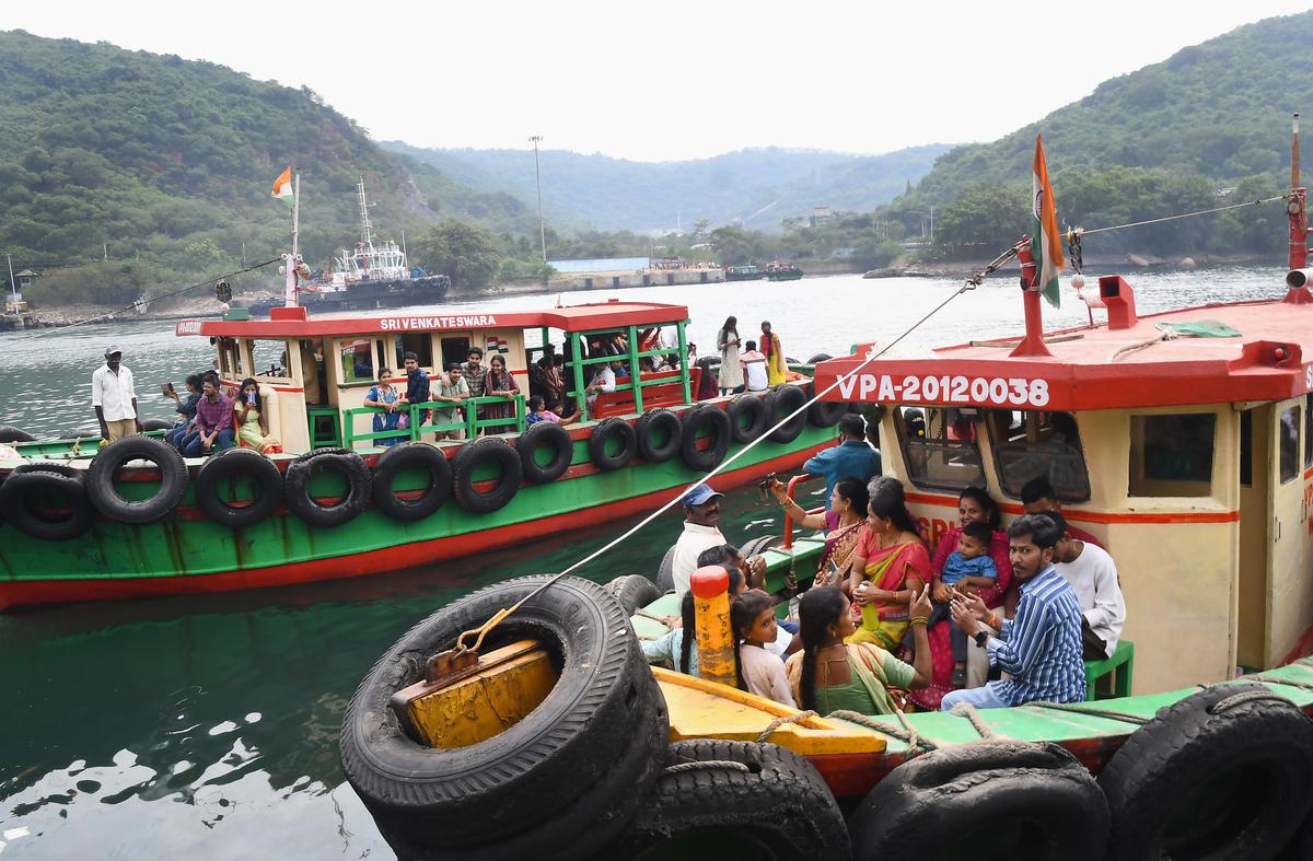 Devotees riding boats to reach the Yarada Hills for darshan of Goddess Durga at the Sagar Durga Temple on the Yarada Hills in Visakhapatnam on Sunday. 