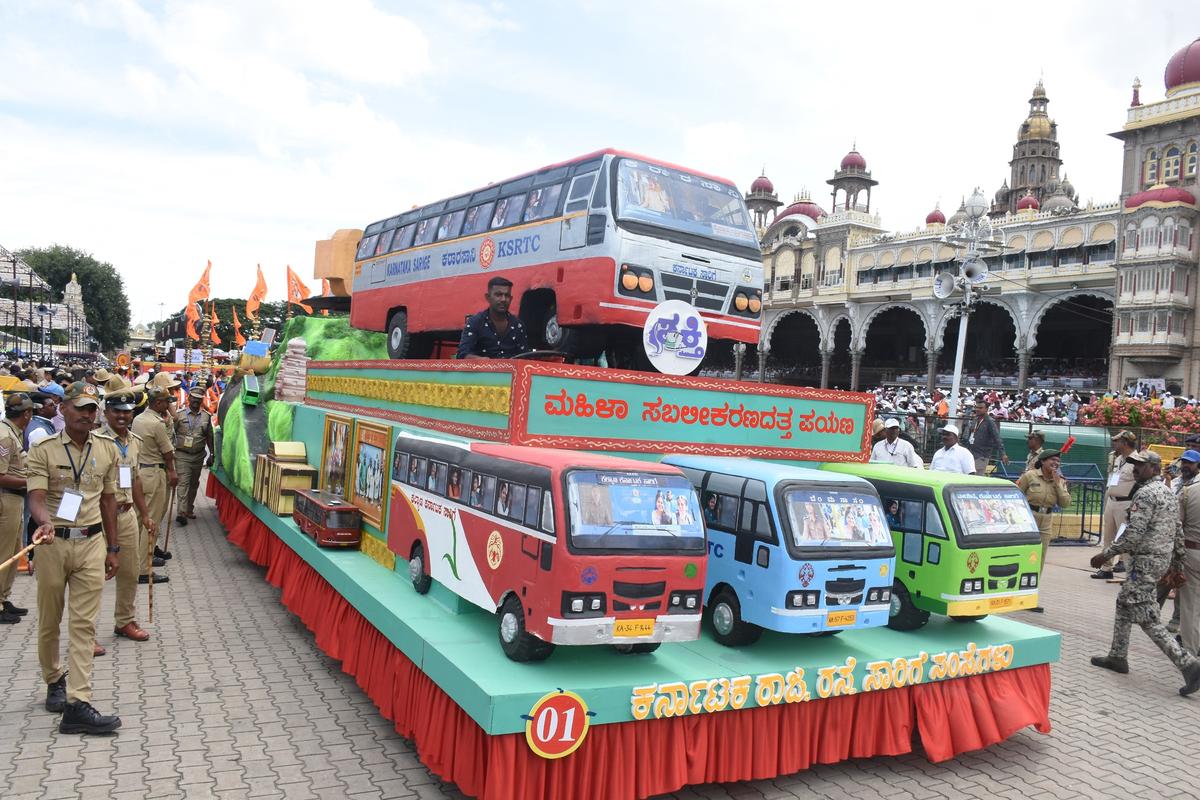 Karnataka State Road Transport Corporation’s tableau showcased Shakti scheme, during the Dasara procession in Mysuru on Thursday.