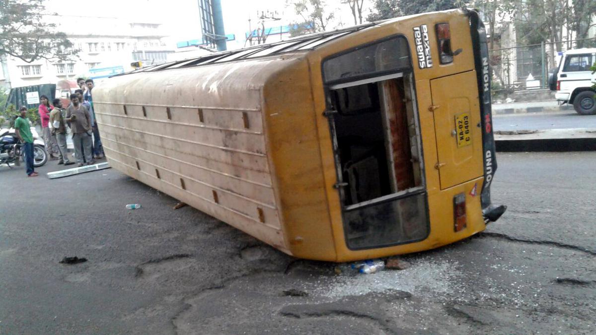 File photo of a school bus that was involved in an accident on Chord Road in Bengaluru. File photo of a school bus that was involved in an accident on Chord Road in Bengaluru.