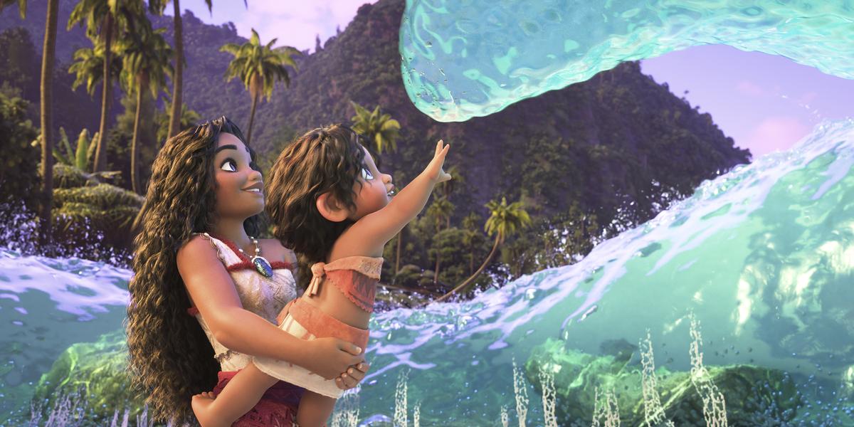 Characters Moana, voiced by Auli’i Cravalho, holding Simea, voiced by Khaleesi Lambert-Tsuda, in a scene from ‘Moana 2’