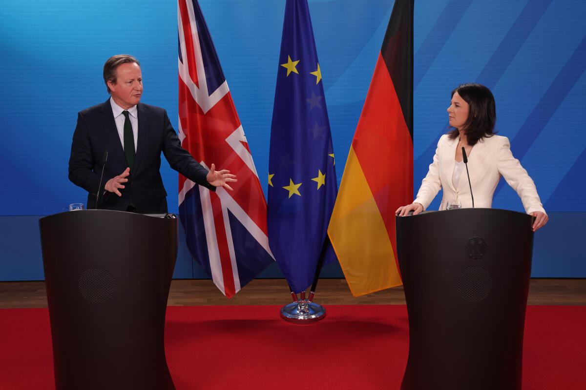 British Foreign Secretary David Cameron and German Foreign Minister Annalena Baerbock speak to the media following talks on March 07, 2024 in Berlin, Germany. The two diplomats discussed military support for Ukraine as well as the growing humanitarian crisis in Gaza, among other issues.