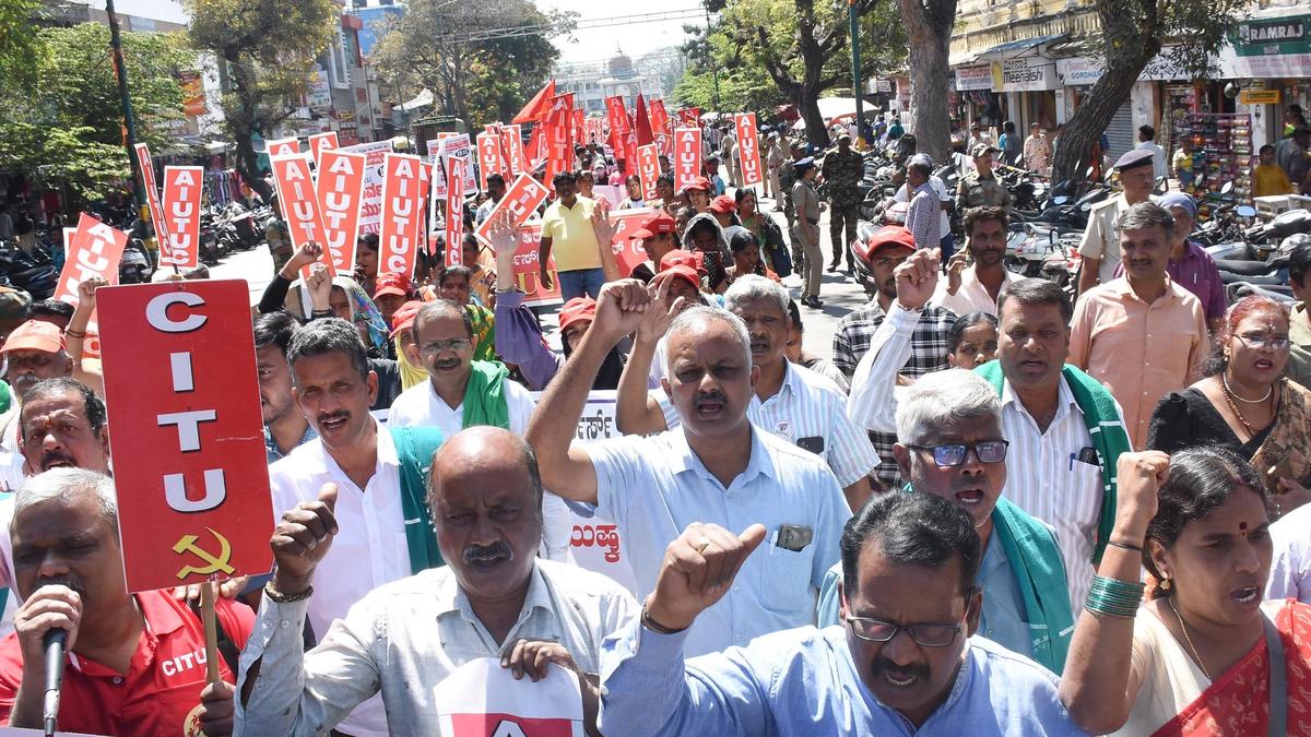 Trade unions stage protest in Mysuru as part of nationwide general strike