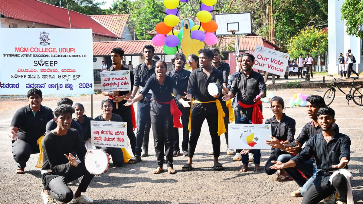 Members of MGM College Arts Club enact street play to create voter awareness in Udupi