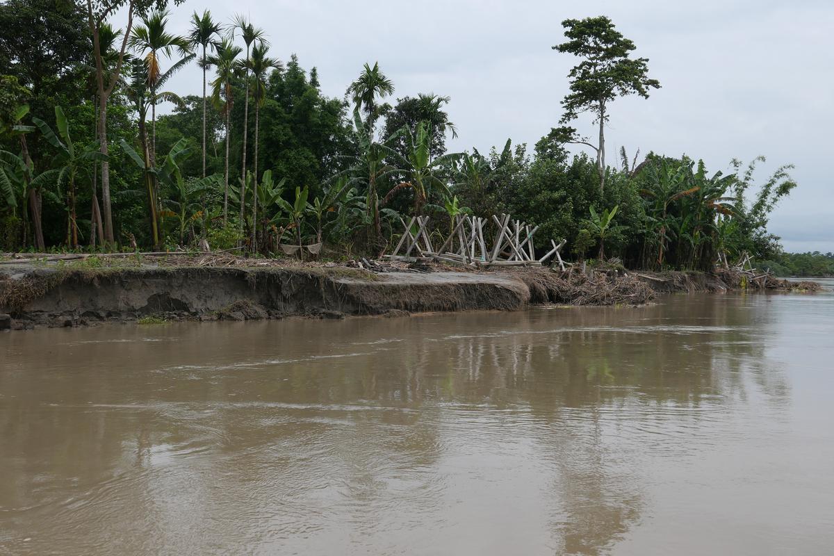 Chopped river banks with collapsible structures installed by the government to prevent erosion.