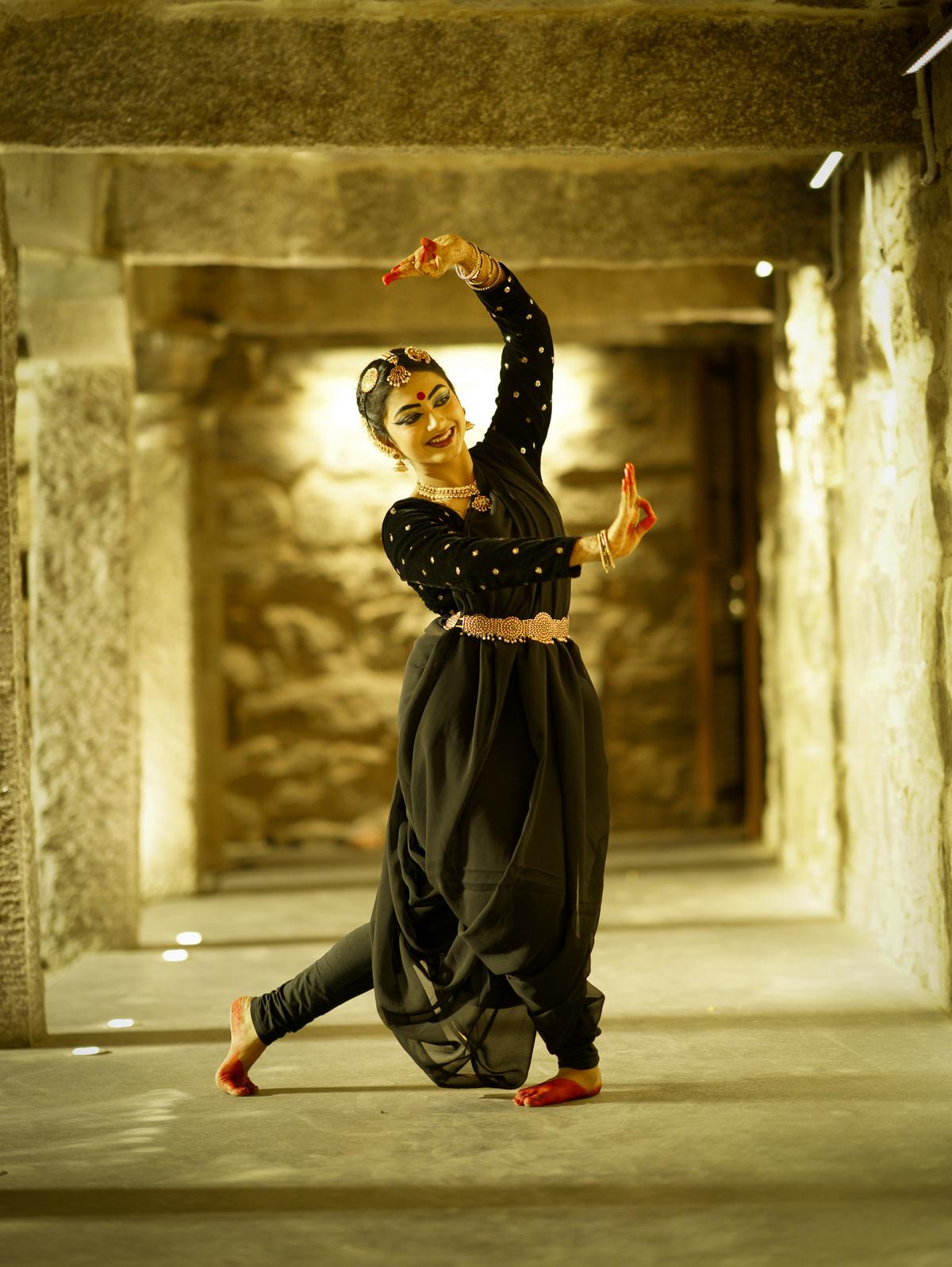 Dancer from Sravya Manasa’s dance ensemble during a performance at Bansilalpet stepwell