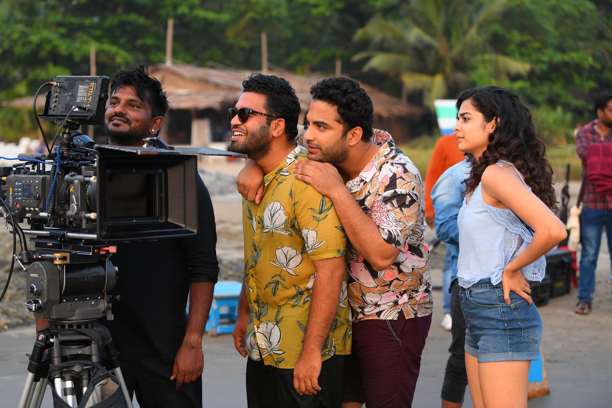 Ashwath Marimuthu with actors Venkatesh Kakumanu, Vishwak Sen and Mithila Palkar on the sets of ‘Ori Devuda’